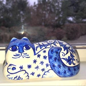 Cobalt Blue Ceramic Cat Hand Painted Vintage
